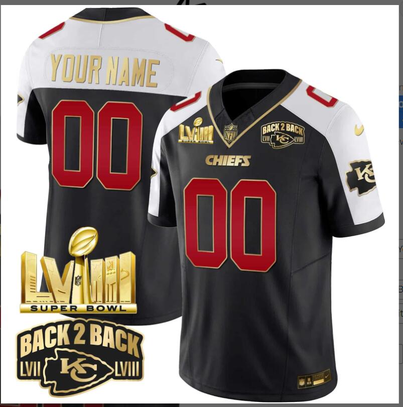 Men 2024 Nike NFL Kansas City Chiefs Super Bowl LVIII & Back-2-Back Gold Patch Vapor Custom Jersey